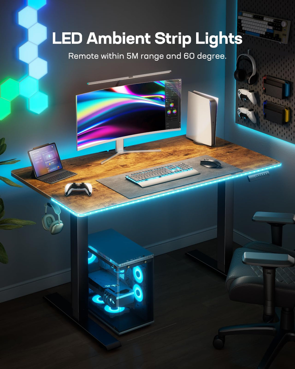 Marsail Electric Standing Desk with LED Lights, 48 * 24 Inch Adjustable Height Sit Stand up Desk for Home Office Furniture Computer Desk with 3 Memory Presets, Headphone Hook Marsail