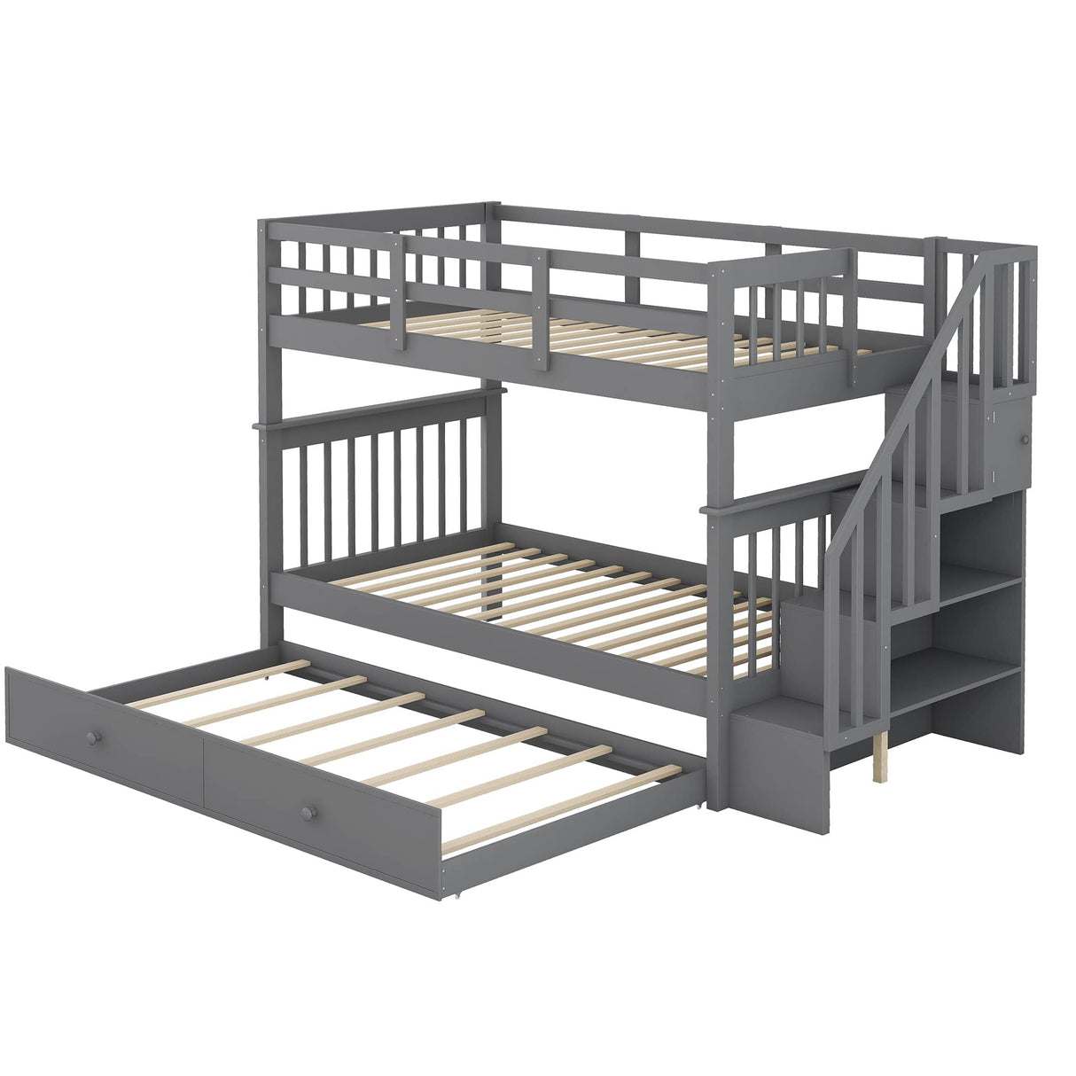 Harper & Bright Designs Twin Over Twin Bunk Bed with Trundle Bed and Storage Shelf, Kids Twin Size Bunk Bed with Stairs & Guard Rail, Wood Bunk Bed Frame for Kids, Teens, Adults,Gray Harper & Bright Designs