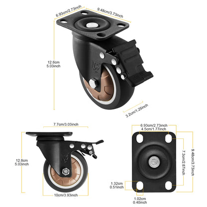 4 inch Caster Wheels Set of 4, Industrial Heavy Duty Swivel Casters with Dual Brake No Noise Locking Plate Casters with Thermoplastic Rubber Load 1200Lbs for Cart Furniture Black Brown