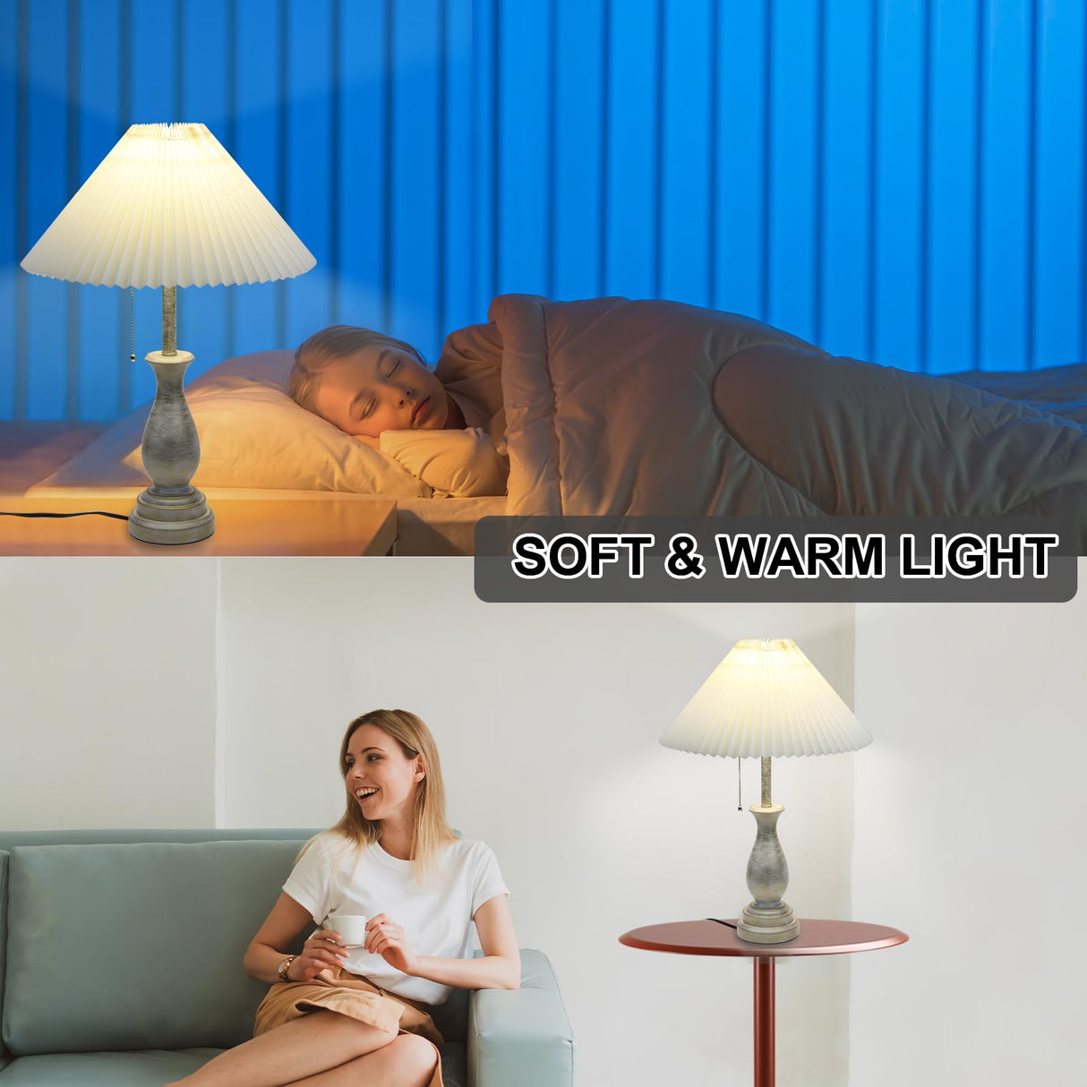 Farmhouse Table Lamp with Pull Chain Switch Control 3-Way Dimmable Table Lamp, Modern Nightstand Lamp Bedside Desk Lamp with Fabric Shade for Living Room Bedroom Hotel (Metal-Pack-01) LALISU