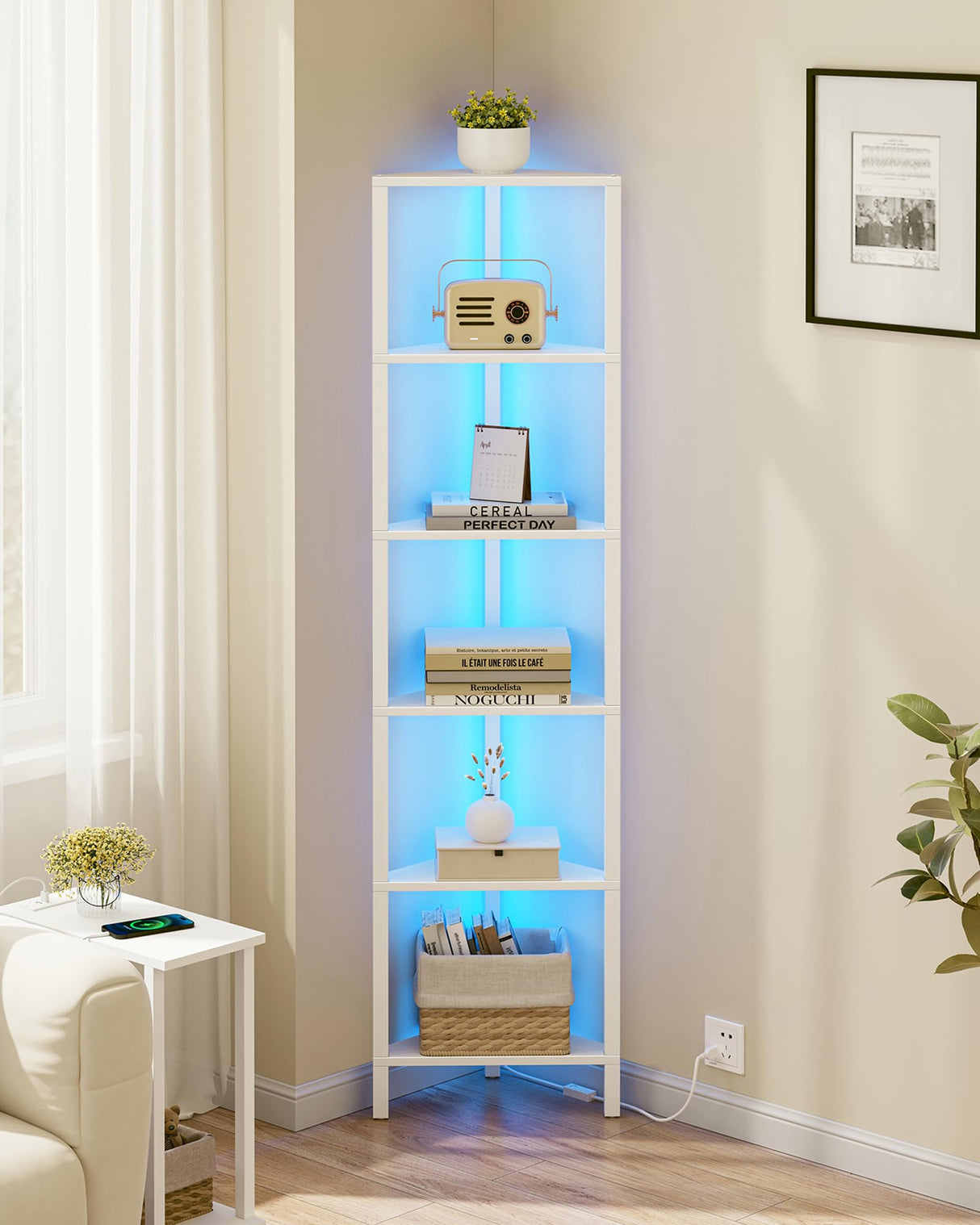 TUTOTAK 6-Tier Corner Bookshelf with LED Light,Corner Shelf for Small Space, Narrow Display Corner Shelf Stand with Storage Rack, for Living Room, Bedroom, Pure White V1BS05BW006L TUTOTAK