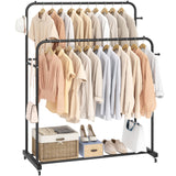 Laiensia Double Rods Garment Rack with Wheels, Clothing Rack for Hanging Clothes,4 Hooks, Multi-functional Bedroom Clothes Rack, Black Laiensia