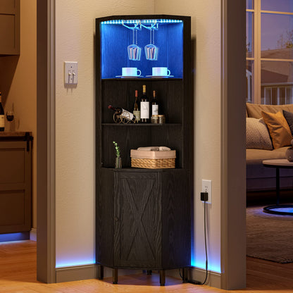 YITAHOME Black Corner Bar Cabinet with LED Lighting, Glass Holder & 5-Tier Storage Shelves - WoodArtSupply