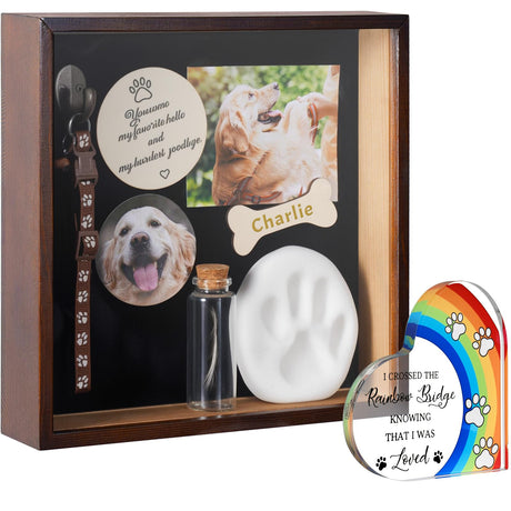 ZooZoo Pet Memorial Shadow Box with Paw Print Kit, Collar Holder, Acrylic Cover, Fur Keepsake Jar, Bone Tag & Rainbow Bridge Charm, Wooden Display Frame for Dog or Cat Remembrance, No Assembly Needed ZooZoo
