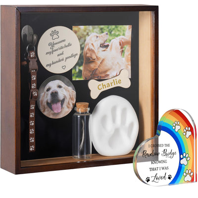 ZooZoo Pet Memorial Shadow Box with Paw Print Kit, Collar Holder, Acrylic Cover, Fur Keepsake Jar, Bone Tag & Rainbow Bridge Charm, Wooden Display Frame for Dog or Cat Remembrance, No Assembly Needed
