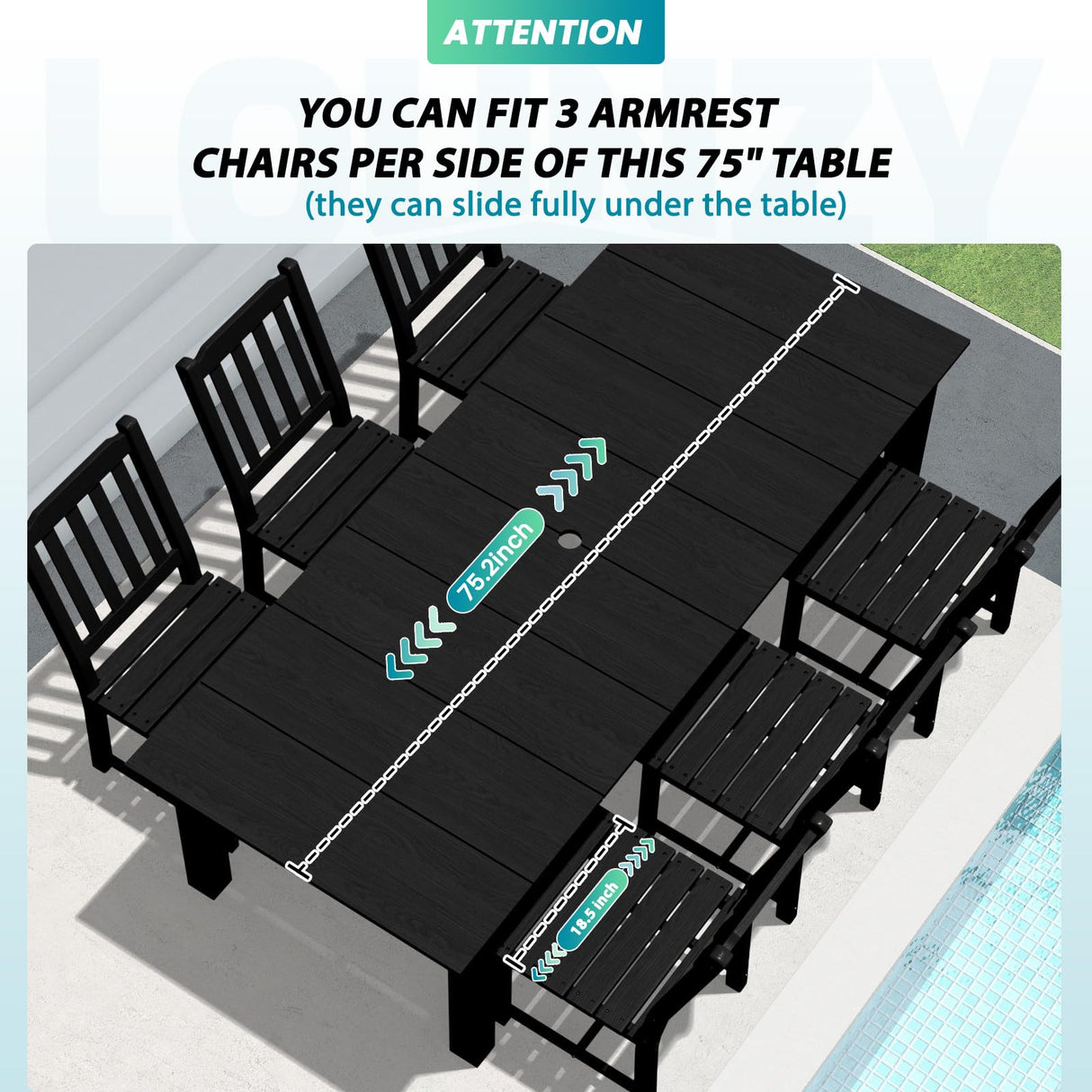 LOUNZY 9 Pieces Patio Dining Sets, Outdoor HDPE Furniture Set for 8 w/ 2" Hole Cut-Out Dining Table with 8 Patio Chairs(2 W/Armrest, 6 w/o Armrest), Black LOUNZY