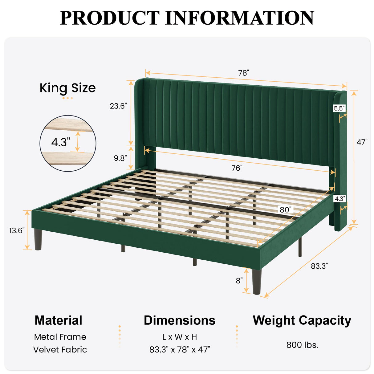 SHA CERLIN King Size Velvet Bed Frame with Vertical Channel Tufted Wingback Headboard, Upholstered Platform Bed with Wood Slats, No Box Spring Needed, Easy Assembly, Green SHA CERLIN