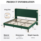 SHA CERLIN King Size Velvet Bed Frame with Vertical Channel Tufted Wingback Headboard, Upholstered Platform Bed with Wood Slats, No Box Spring Needed, Easy Assembly, Green SHA CERLIN
