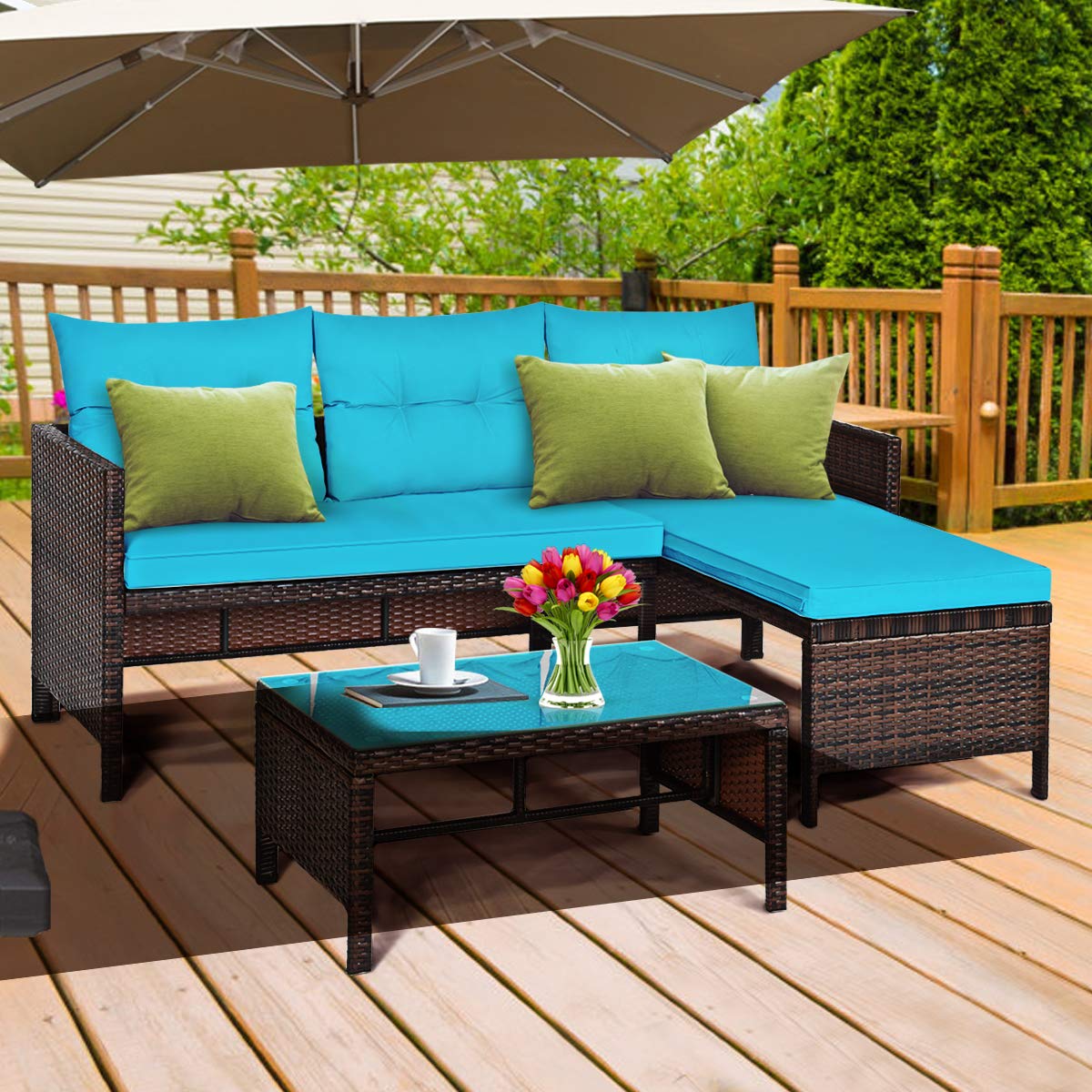 Tangkula Patio Corner Sofa Set 3 Piece, Outdoor Rattan Sofa Set, Includes Lounge Chaise, Loveseat & Coffee Table, Patio Garden Poolside Lawn Backyard Furniture Tangkula