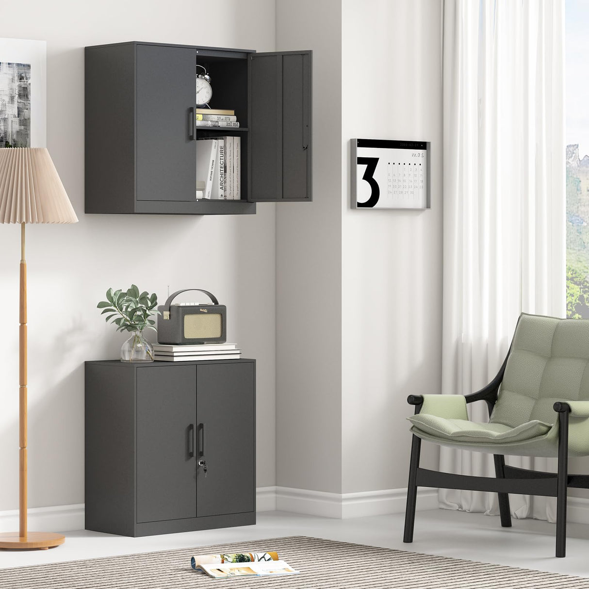 IRONFFICE Metal Wall Cabinet,Black Garage Wall Cabinet with 2 Doors,Hanging Storage Cabinets with Handle,Locking Cabinet with Shelves for Garage,Living Home IRONFFICE