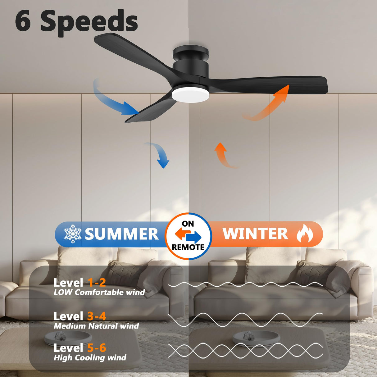 52 Inch Smart Low Profile Ceiling Fan,Solid Wood Ceiling Fan with Lights Remote,Outdoor Indoor Flush Mount,WIFI Alexa App Control,Quiet DC Motor,Dimmable,Modern Ceiling Fan for Bedroom Patio,Black Lorpies