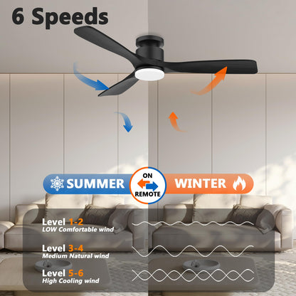 52 Inch Smart Low Profile Ceiling Fan,Solid Wood Ceiling Fan with Lights Remote,Outdoor Indoor Flush Mount,WIFI Alexa App Control,Quiet DC Motor,Dimmable,Modern Ceiling Fan for Bedroom Patio,Black