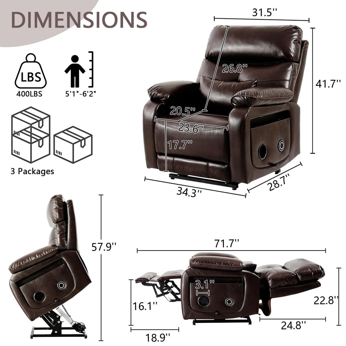 Dual Motor Power Lift Recliner Chair for Adult & Elderly, Infinite Position Lay Flat Lift Chair with Heat & Massage, Cup Holder, Lumbar Pillow, Wireless Charger, USB Ports, Leather (Brown) RESTREAL
