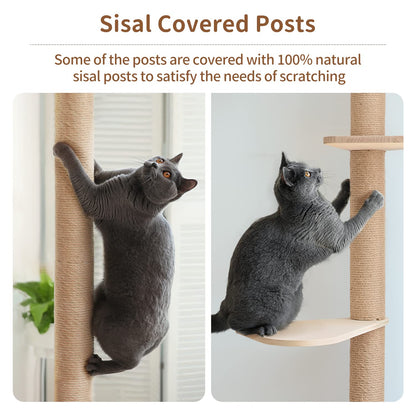 Wood Cat Tower Floor to Ceiling Adjustable, Tree Tall Cat Scratching Post, Cat Tree with 3-Tier Floor for Climb, Cat Climbing Tower Vertical with Natural Sisal Rope - WoodArtSupply