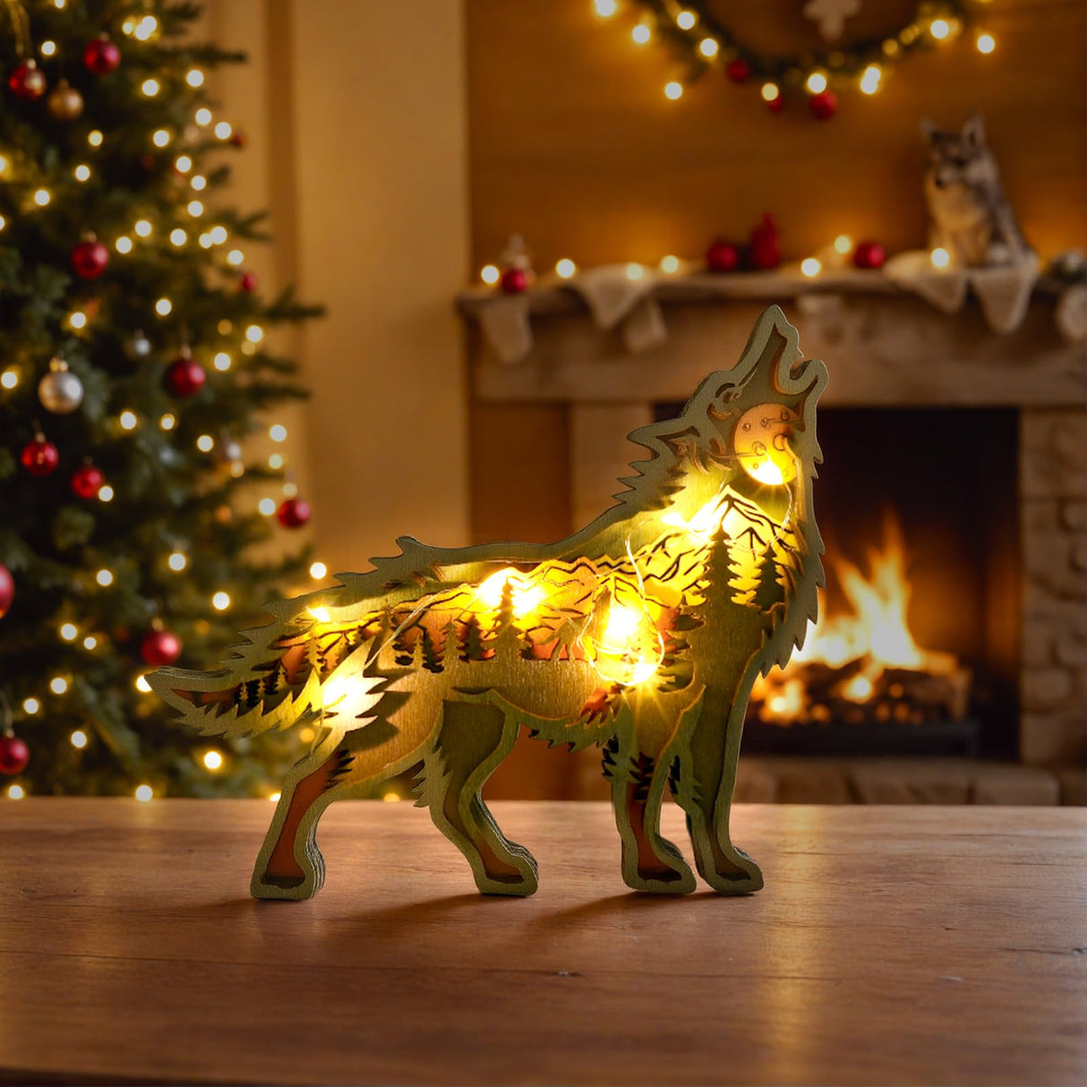 3D Wood Carving Animals Lamp Home Decorative, Cute Bear Family Elephant Presents Ideas Christmas Living Room Office Decor Warm LED Night Lights Gift for Friend Daughter Son Mom Dad (Wolf) Drawelry