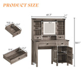 AMERLIFE 42'' Farmhouse Makeup Vanity Desk with Sliding Mirror and Lights, Glass Tabletop Vanity Table with 2 Drawers & Shelves for Bedroom, Light Rustic Oak AMERLIFE