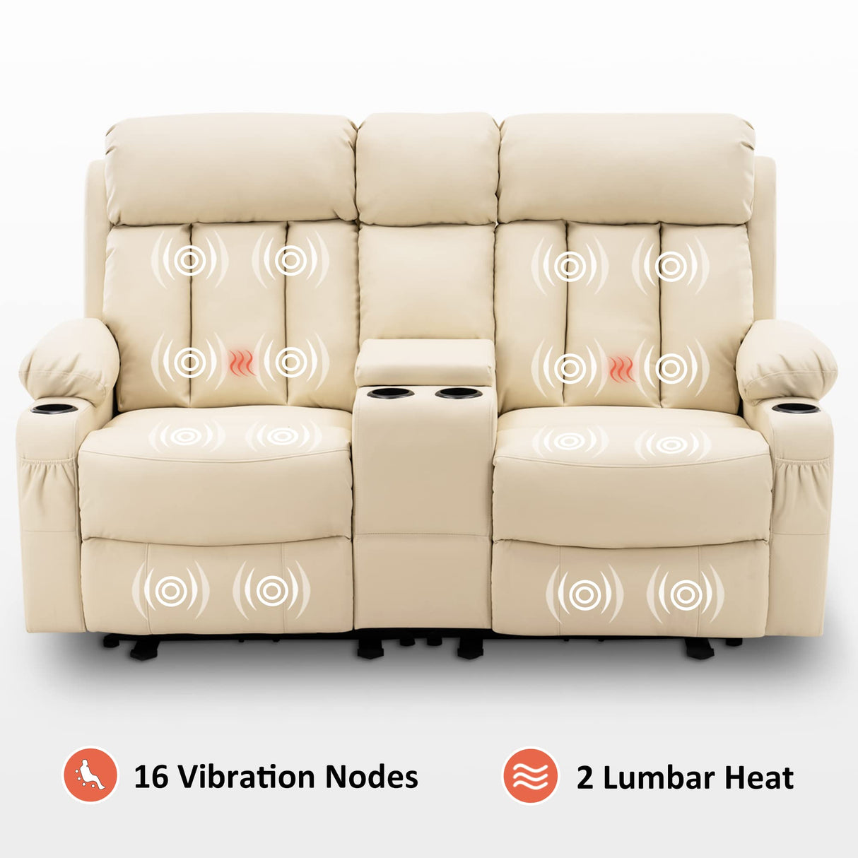MCombo Power Loveseat Recliner with Console, Heat and Vibration Massage, Reclining Loveseat Sofa with USB Ports, Cup Holders for Living Room, Faux Leather 6095 (Cream White) MCombo