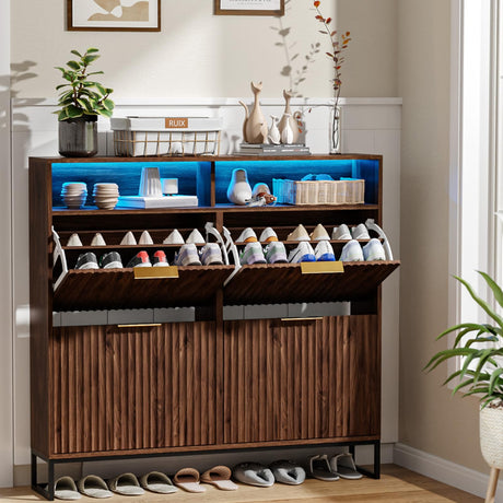 VINGLI Fluted Shoe Cabinet Storage for Entryway,Hidden Shoes Storage Cabinet with 4 Flip Drawers, Mid Century Modern Shoe Rack with LED Light,Shoes Organizer with Cubby for Hallway(Dark Walnut) VINGLI