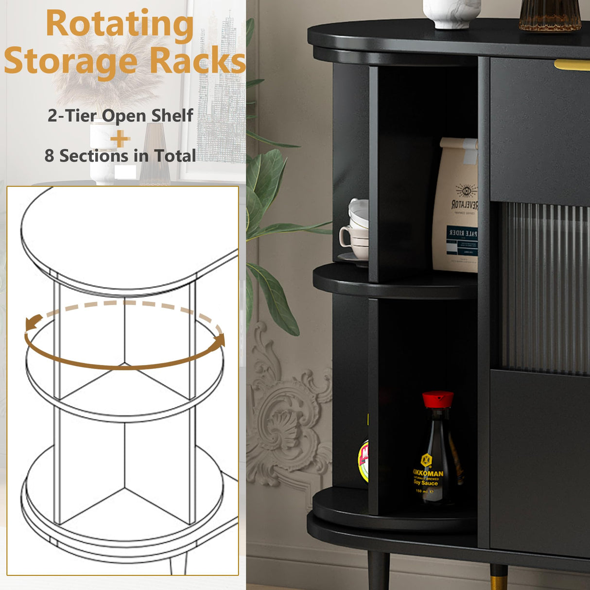 Amposei Modern Dining Buffet 51-Inch Glass Door Sideboard Cabinet Wooden Credenza Console Storage Cabinet with Drawers, Adjustable Shelves & Rotating Open Racks for Living Room Kitchen (Black) Amposei