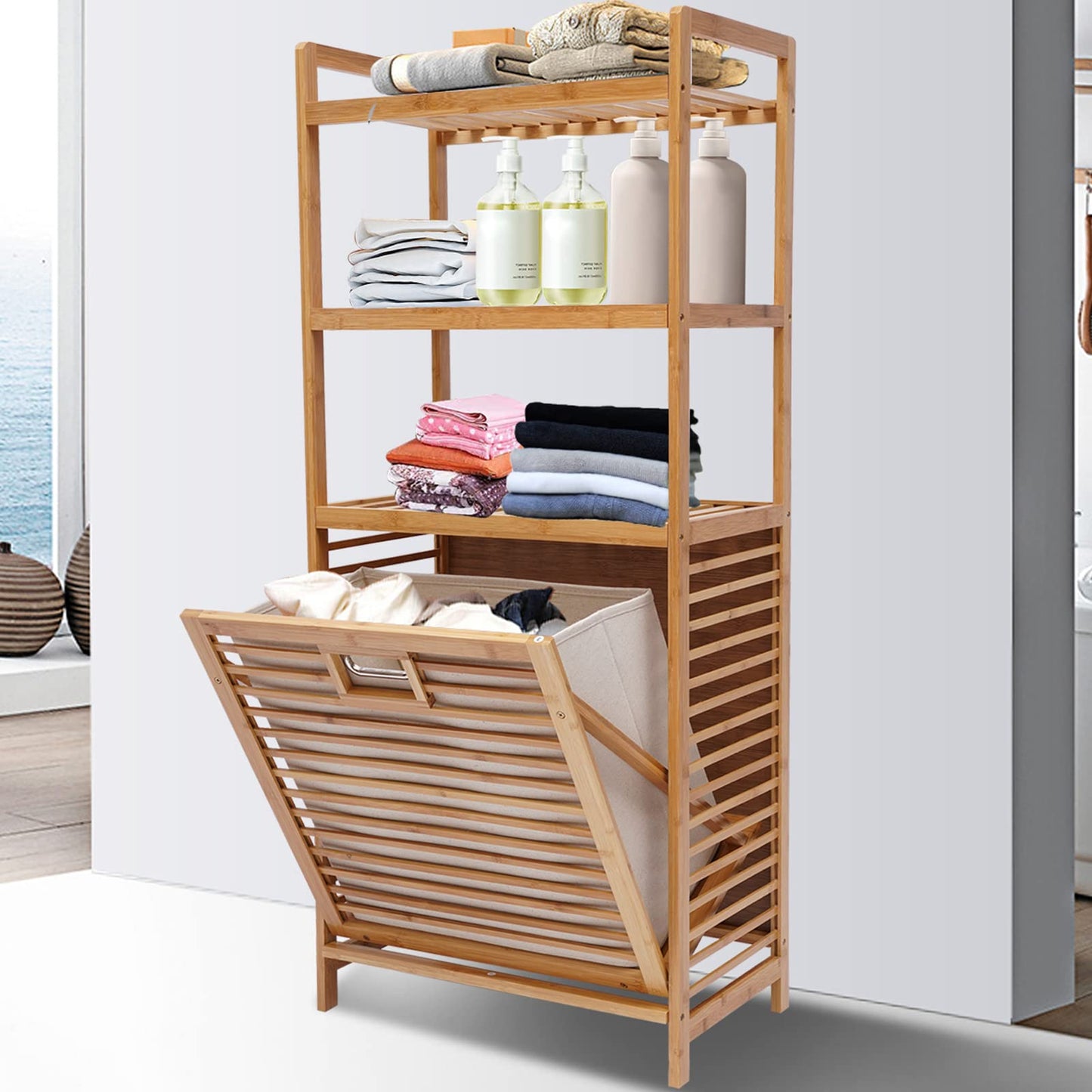 Bamboo Laundry Hamper with Rack,Laundry Basket with 3 Shelves,Laundry Hamper Cabinet Organizer,Wooden Laundry Sorter,Bathroom Storage Shelf Cabinet with Tilt Out Basket Clothes Bag for Laundry Room