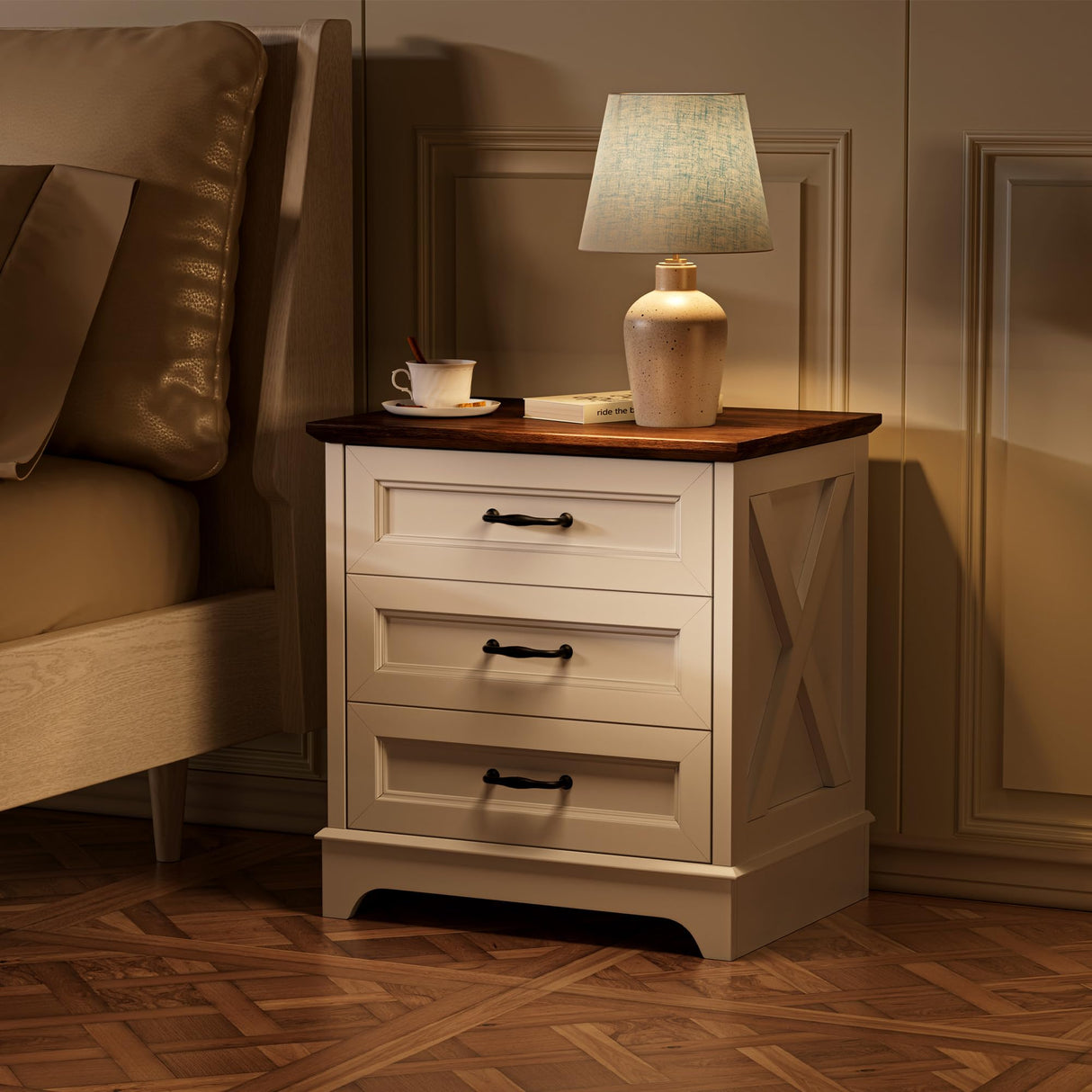 GRUSIGN Nightstand with Drawers - 22.44" Wide End Table with 3 Large Drawers & Bar Handles, Small Rustic Wood Chest of Drawers for Bedroom, Living Room, Closet, White GRUSIGN