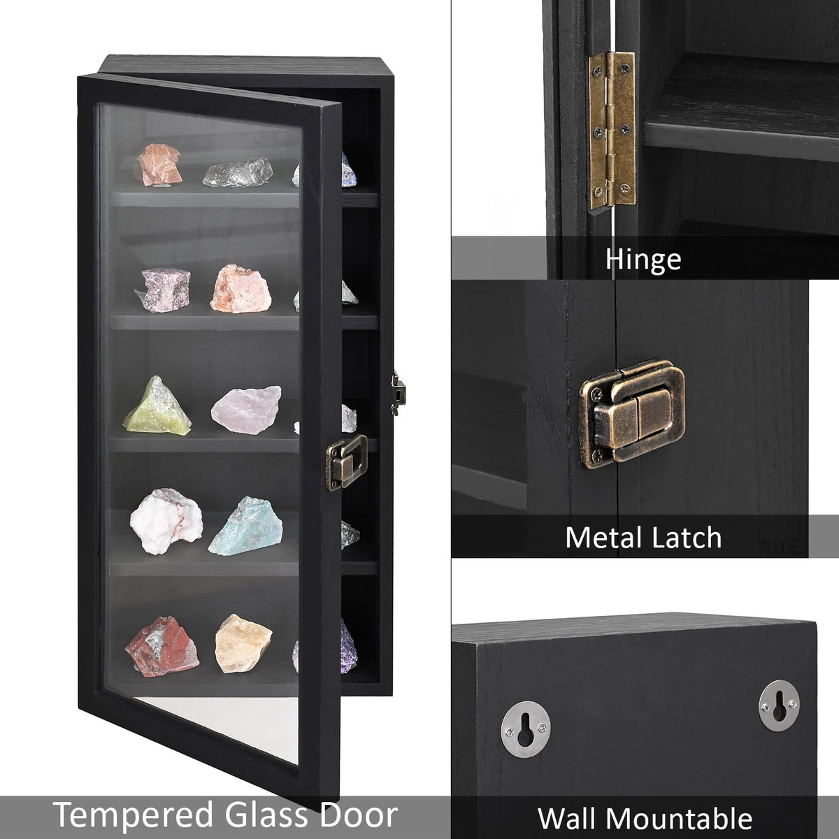 Ikee Design Wall Mounted Wooden Collectible Display Case 5 Shelf Display Storage Accessories with Tempered Glass Door, Black Color Ikee Design