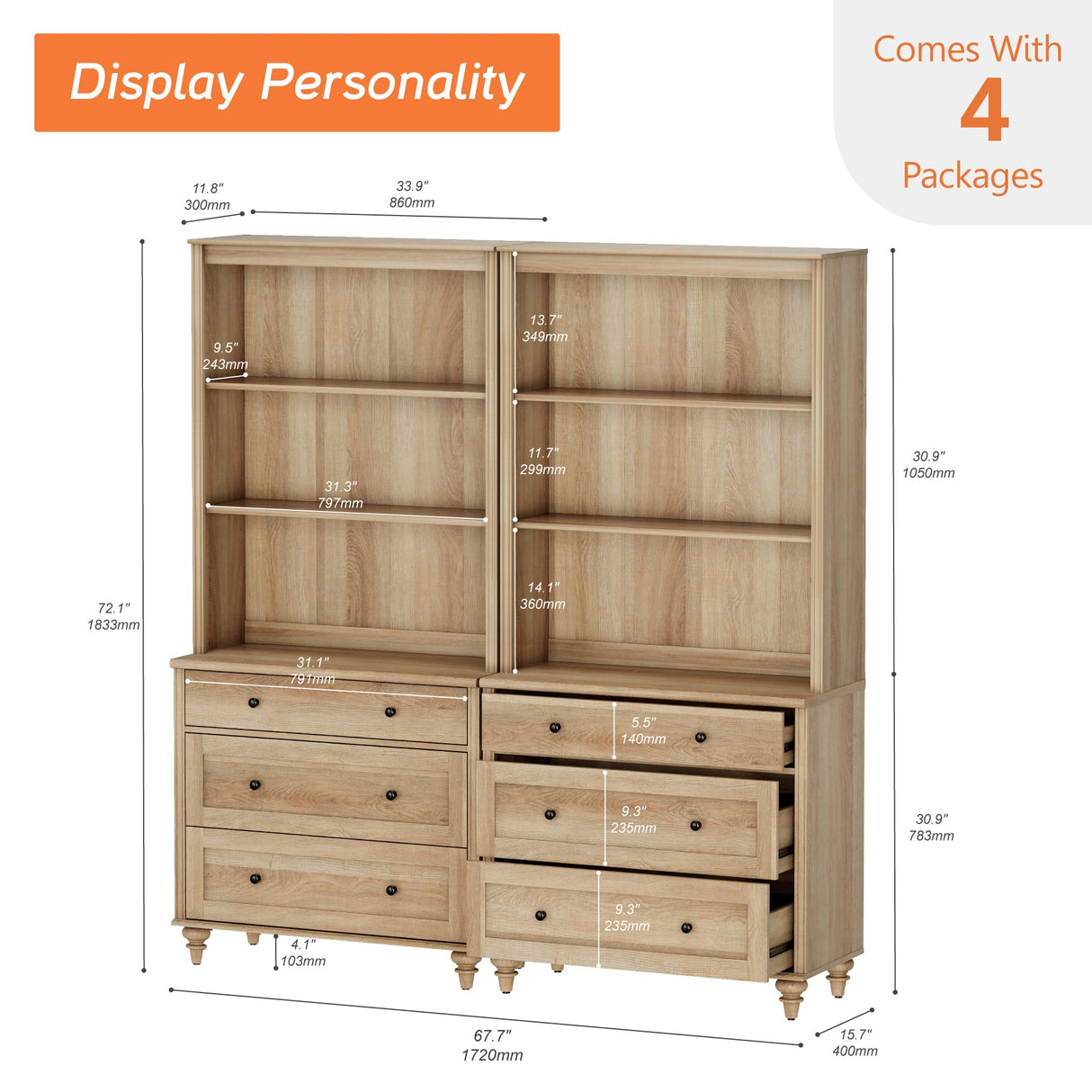 WAMPAT 3 Tier Bookshelf with 3 Drawers, 72" Tall Bookcase Large Farmhouse Display Book Case Shelf with 3-Tier Open Book Shelfs，Library Wood Bookshelves for Living Room,Kitchen, Oak(2PCS) WAMPAT