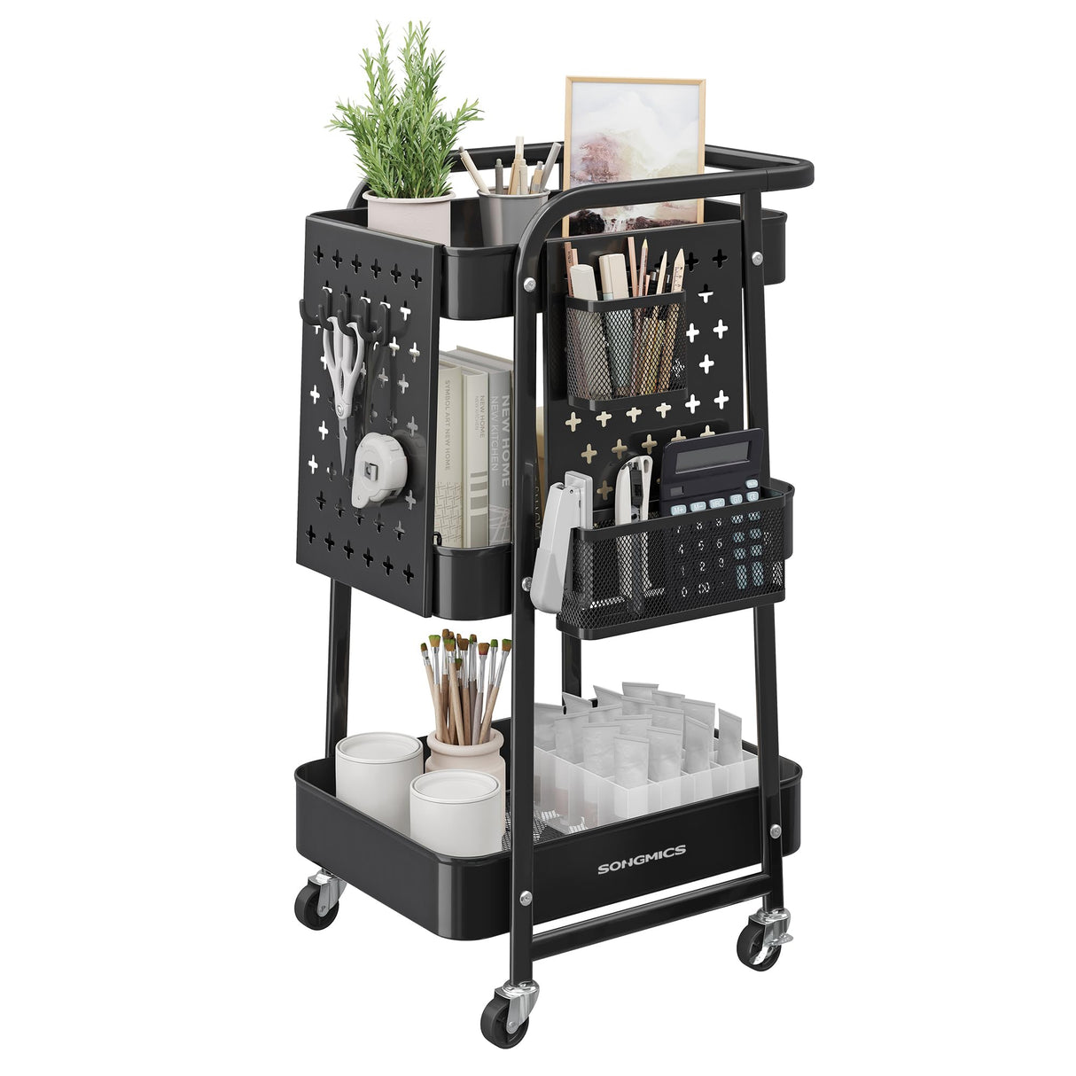 SONGMICS 3-Tier Storage Cart, Rolling Utility Cart, Metal Mesh Shelves, 2 Removable Pegboards, 2 Hanging Holders, 4 Hooks, Craft Cart for Living Room, Kitchen, Office, Bathroom, Ink Black ULRC037B01 SONGMICS