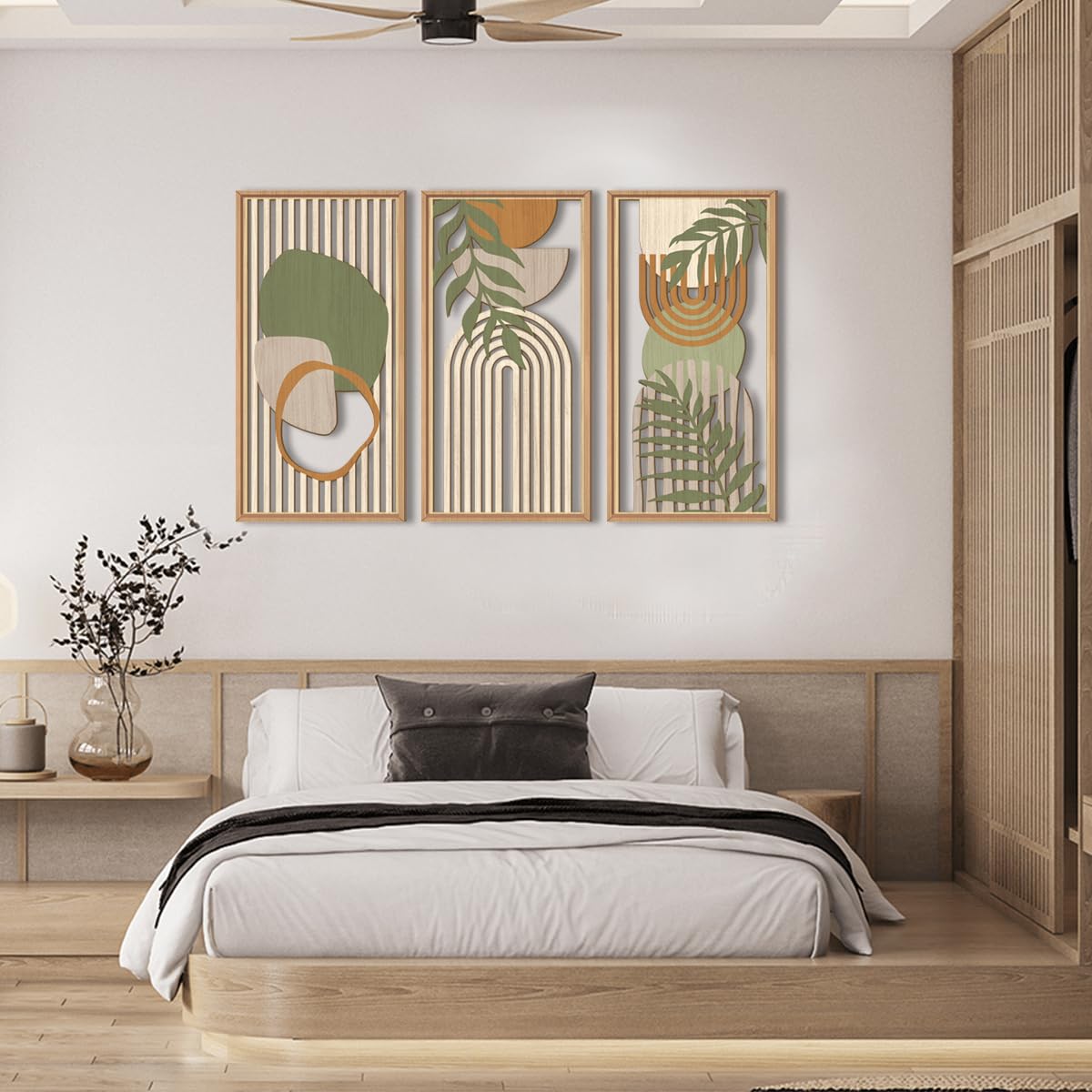 IARTTOP Large Abstract Geometric Wood Wall Art Framed Boho Wall Art Set Of 3 Mid Century Modern Wall Art Neutral Wall Decor For Bedroom Living Room Office-16 x32 IARTTOP