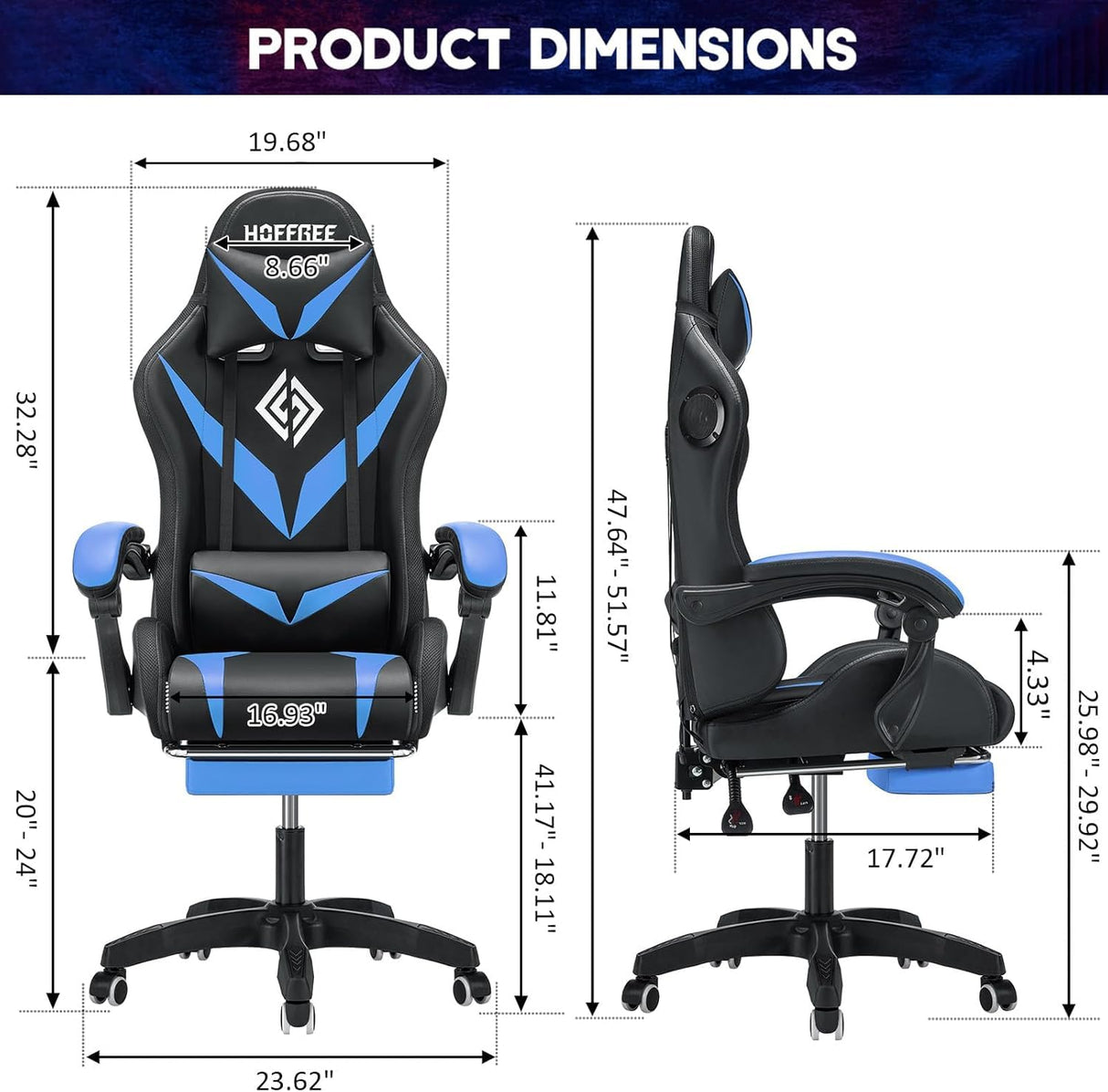 HOFFREE RGB Gaming Chair with Speakers and Massage Ergonomic Computer Chair with Lights and Footrest Reclining Video Game Chairs for Adults Blue and Black HOFFREE
