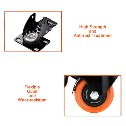 2" Caster Wheels Load 600 Lbs, Orange Polyurethane Castors, Top Plate Swivel Wheels, Casters Set of 4, Locking Casters for Furniture and Workbench, Heavy Duty Casters, 4 Pack Casters with Brake