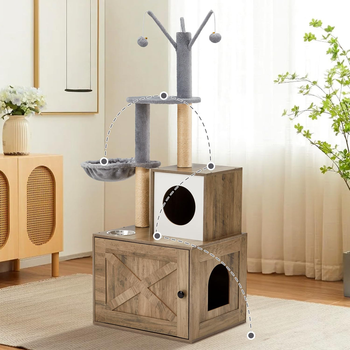 Erinnyees Cat Tree with Litter Box Enclosure, 2-in-1 Cat Tower with Scratching Post，Hammock, Food Station, Platform and Pompom Sticks, Hidden Litter Box Furniture Erinnyees