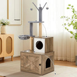 Erinnyees Cat Tree with Litter Box Enclosure, 2-in-1 Cat Tower with Scratching Post，Hammock, Food Station, Platform and Pompom Sticks, Hidden Litter Box Furniture Erinnyees