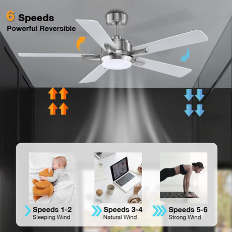 cumilo 52” Smart Outdoor Ceiling Fans LED Lights and Remote,Quiet DC Motor,6 Speed,Dimmable,Indoor Modern Brushed Nickel Ceiling Fan Controlled by WIFI Alexa App,Gray Silver Wood Bedroom Patio Porch cumilo