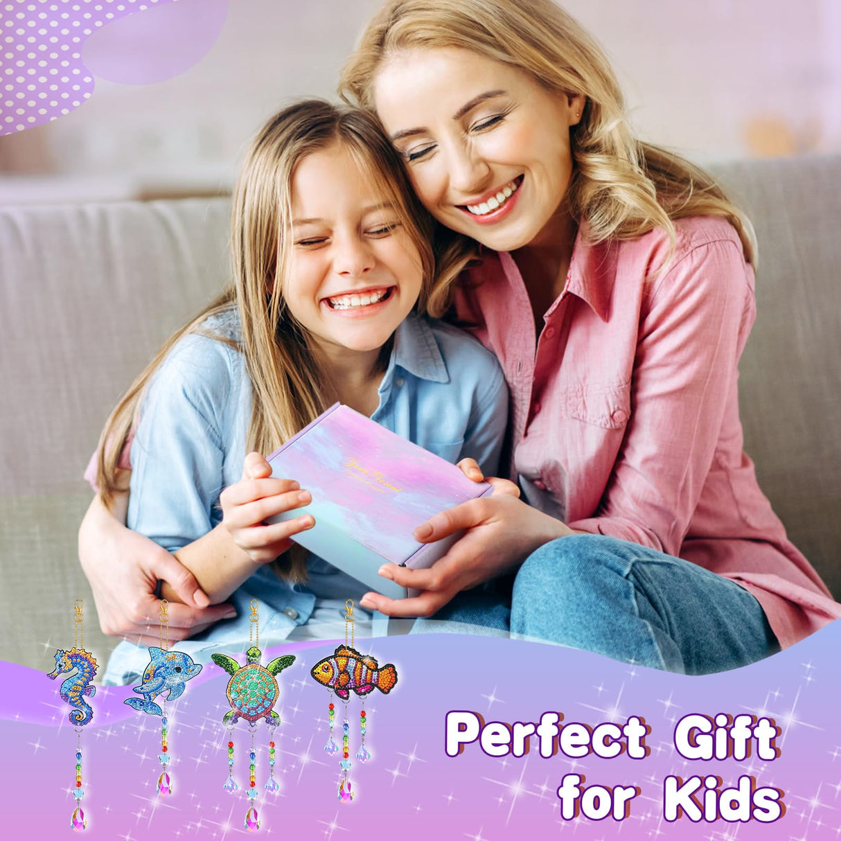 Diamond Art Kits for Kids - Crafts Gifts for Girls 8-12, 4 Pcs Double Sided Sea Animal Style Wind Chime, Hanging Crystal Rhinestone Painting Ornament Beeplove