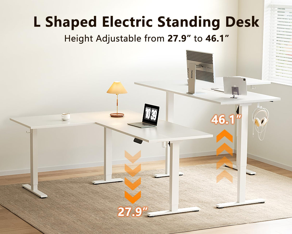 Casaottima 63 Inch Reversible Electric L Shaped Standing Desk, Height Adjustable Corner Stand up Desk, Ergonomic Large Lift Table for Home, Office, Workstation, White Casaottima