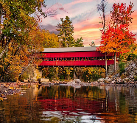 Handmade Arting Diamond Painting Landscape Beautiful Red Covered Bridge in Fall Trip Vacation View Warm Water for Adult Painting Kits Diamond Art Perfect for Home Wall Decor 12inchx16inch Handmade Arting