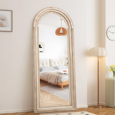 CASSILANDO Full Length Mirror Arched 65"x24" Wood Wall Full Length Distressed Large Floor Mirror for Living Room, Bedroom, Entrance.（Weathering White） CASSILANDO