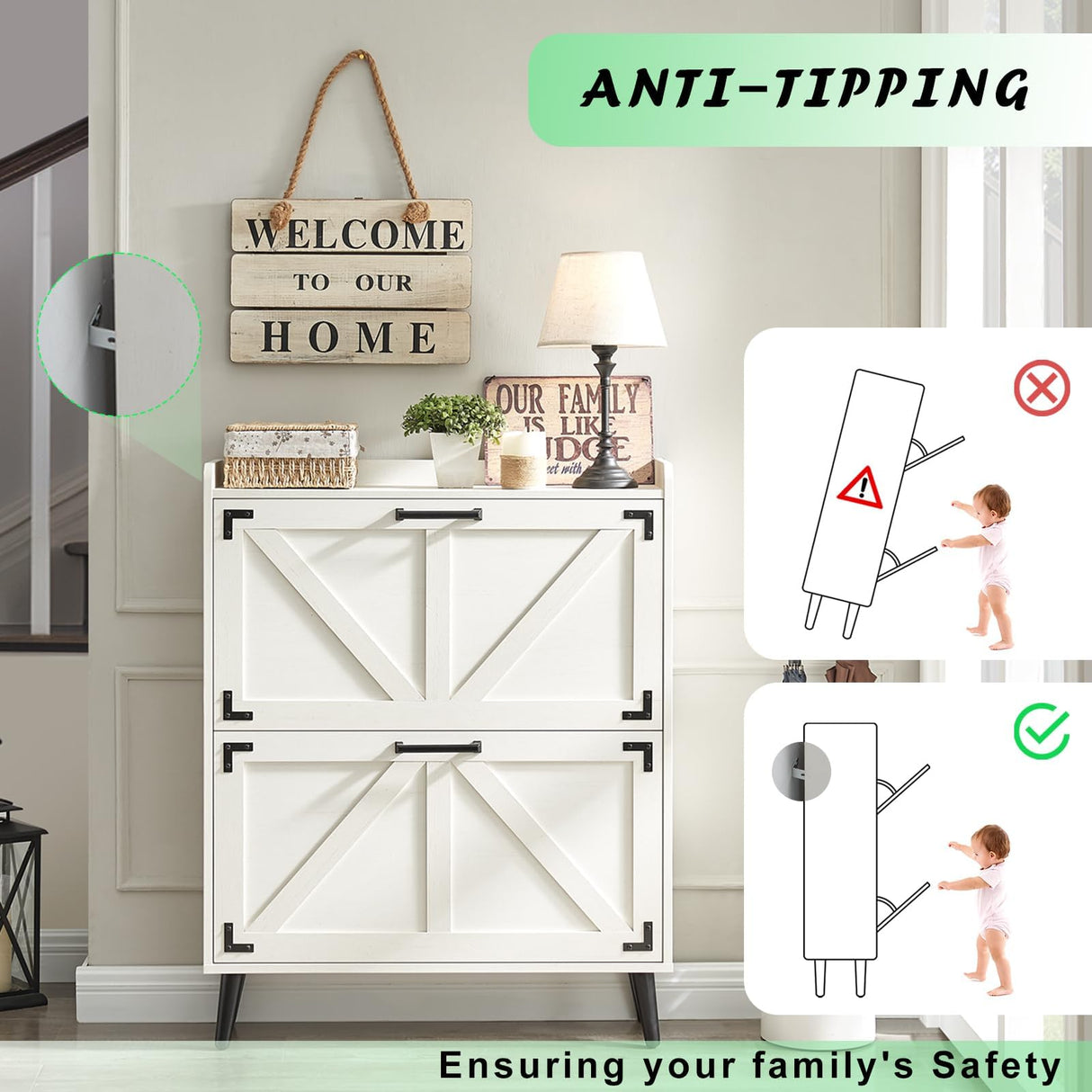 Barnyatoh Shoe Storage Cabinet with 2 Flip Drawers, Farmhouse Hidden Shoe Organizer, Narrow Slim Shoe Rack Cabinet for Entryway Hallway,Antique White Barnyatoh