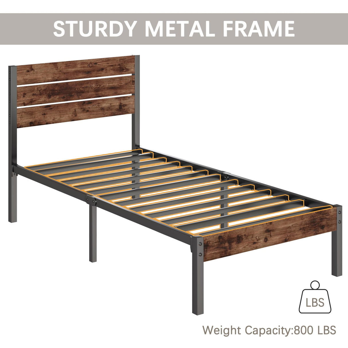 Fluest Twin Bed Frame with Headboard and Footboard, Metal Twin Bed Frame with Under Bed Storage, All-Metal Support System, No Box Spring Needed, Easy Assembly,Rustic Brown Fluest