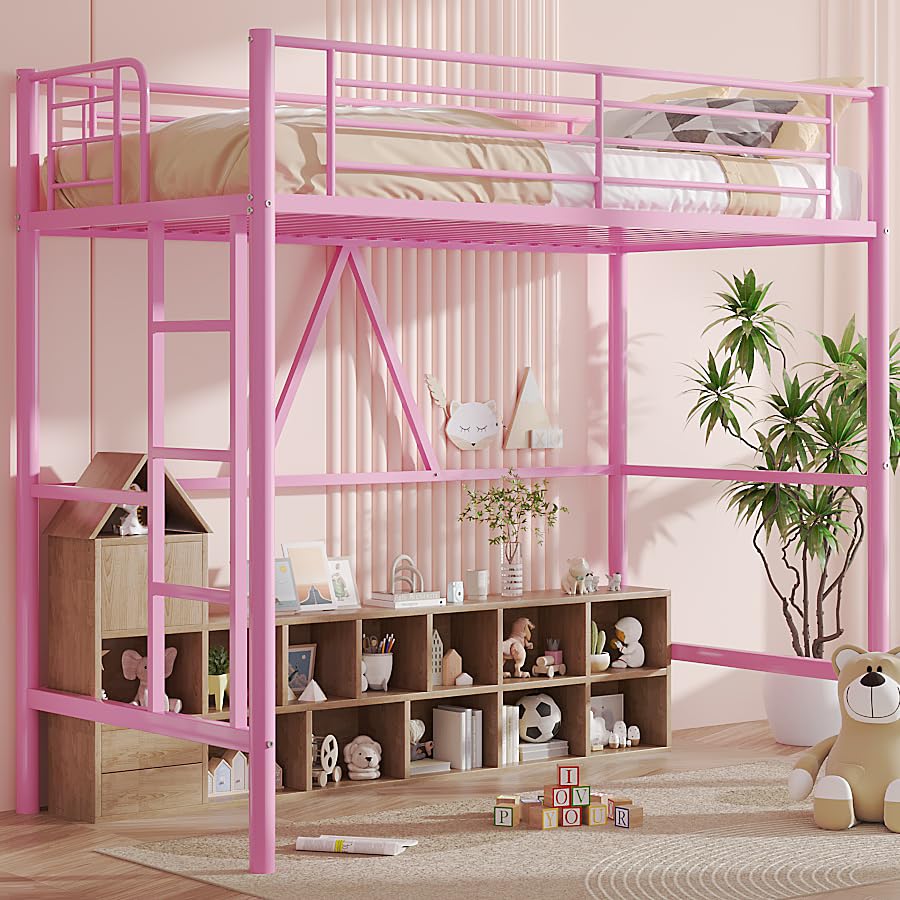 VECELO Loft Bed Twin Size, Metal Bedframe with Removable Ladder and Safety Guardrail, No Box Spring Needed, Space Saving, Noise Free, Light Pink VECELO