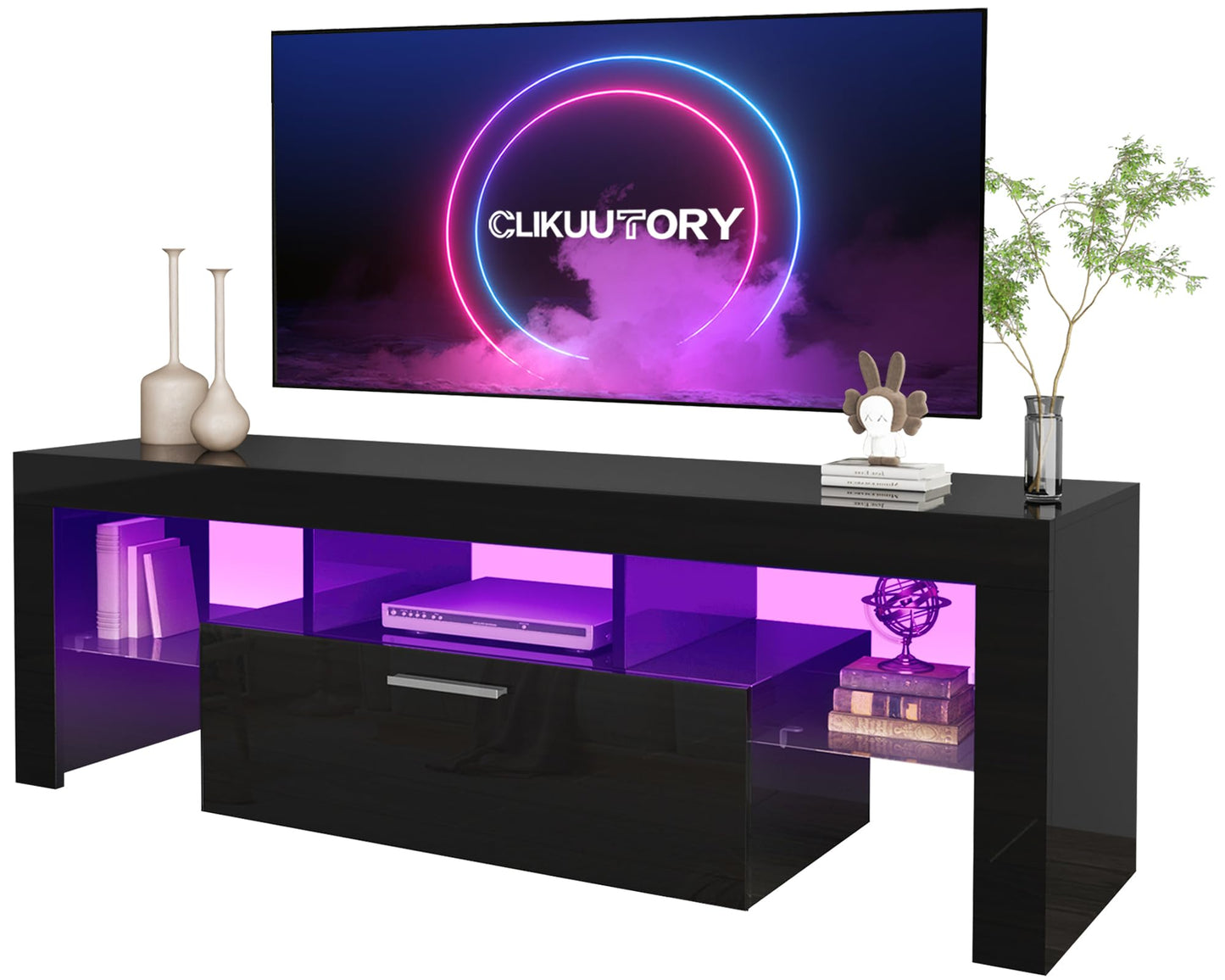 Clikuutory Black LED TV Stand with Large Storage Drawer for 32 40 50 55 Inch TVs, Modern High Gloss TV Console Table with Entertainment Center for Living Room, Bedroom, Black