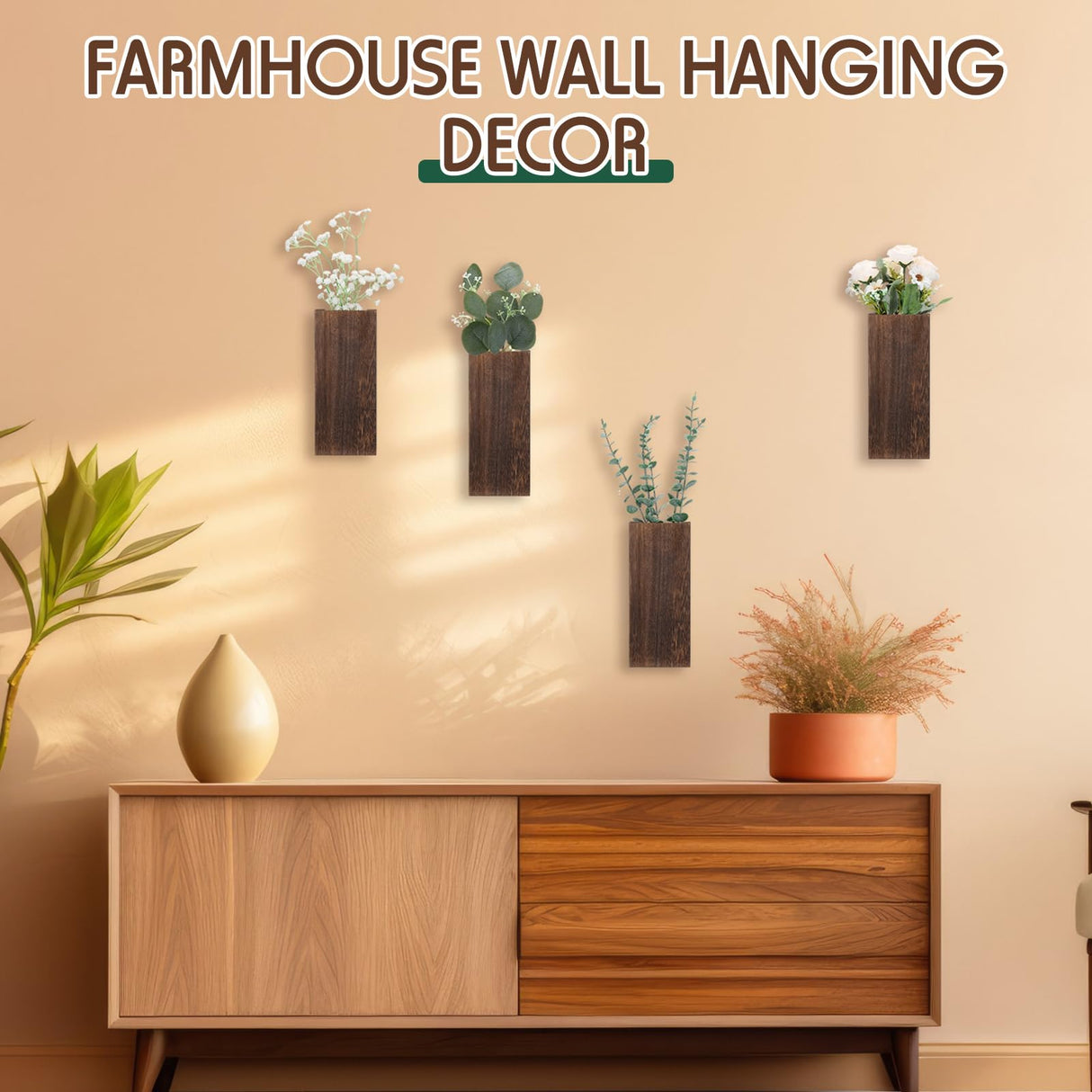 Ziliny 4 Pack Wood Wall Planter for Dried Flowers and Artificial Greenery Indoor Plants Holder, Wood Wall Decor Wooden Pocket Vase Modern Farmhouse Wall Hanging Planter for Living Room Bedroom Home Ziliny