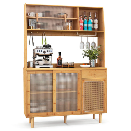 Giantex Pantry Cabinet, 69" Bamboo Hutch Cabinet with Storage, Drawer, Microwave Countertop, Glass Holder, Freestanding Buffet Sideboard with Rattan Door Cabinet, Tall Cupboard for Kitchen Coffee Bar Giantex