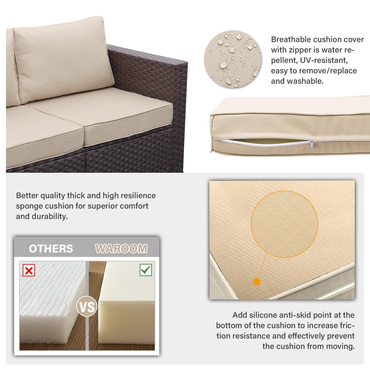 WAROOM Outdoor Patio Furniture Set 4 Piece Brown Rattan Sectional Sofa Couch PE Wicker Conversation Sets with Storage Box Glass Top Table and Non-Slip Khaki Cushion WAROOM