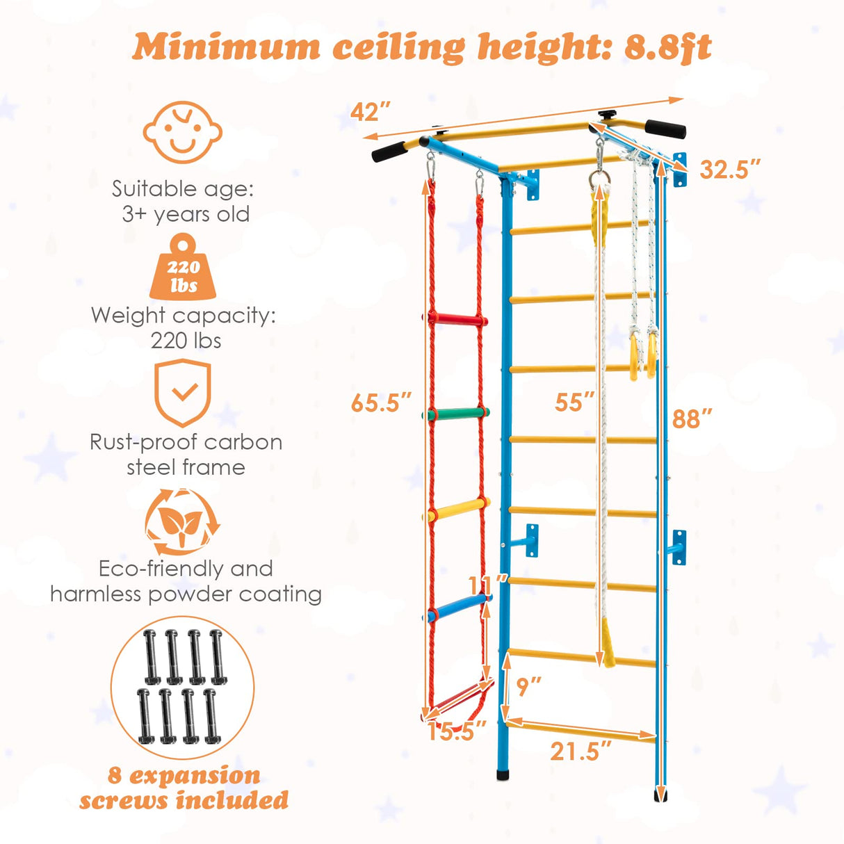 Costzon 5 in 1 Climbing Toys for Toddlers, Indoor Kids Gym for Exercise, Steel Ladder Wall Set with Wall Ladder, Pull-up Bar, Climbing Rope and Gymnastic Rings, Climber Ladder Toys Boys Girls Gift Costzon
