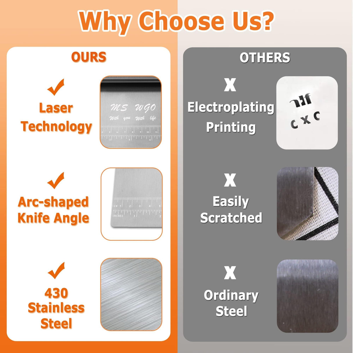 Pro Dough Pastry Scraper/Cutter/Chopper Stainless Steel Mirror Polished with Measuring Scale Multipurpose- Cake, Pizza Cutter - Pastry Bread Separator Scale Knife (1) MS WGO