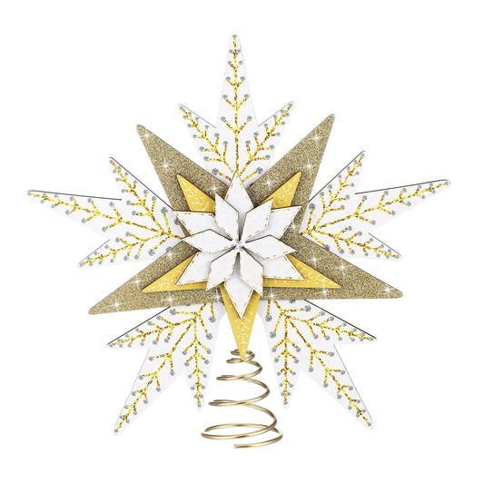 Wooden Christmas Star Tree Topper Rustic Snowflake Tree Topper 11" Gold and Silver Glitter 3D Christmas Decoration 5 Layer Designed Xmas Tree Vintage Ornament Decor for Holiday New Year Home Indoor