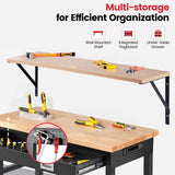 ENJOYWOOD Workbench with Shelf Bracket 48 x 24 Inch Heavy Duty Rubberwood Tabletop Work Table Adjustable Height Work Bench with Drawer, Power Outlets for Garage Woodworking Shop, Home, Office ENJOYWOOD