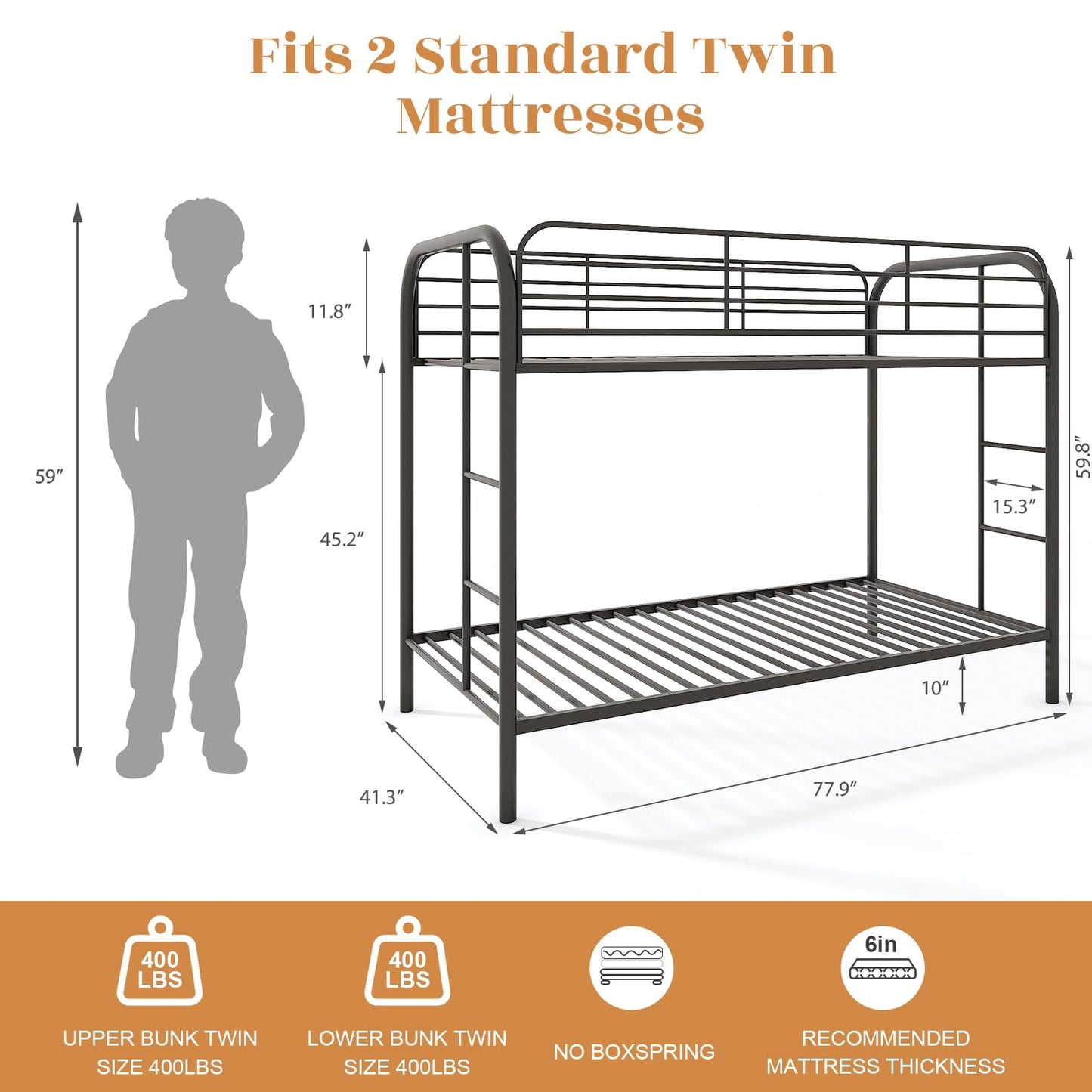 YIORTWO Metal Bunk Bed Twin Over Twin, Modern Style Bunk Bed with Curved Edges Safe Guardrail for Small Space, Loft Bed for Adults Kids Teens, Noise Free, No Box Spring Needed, Black